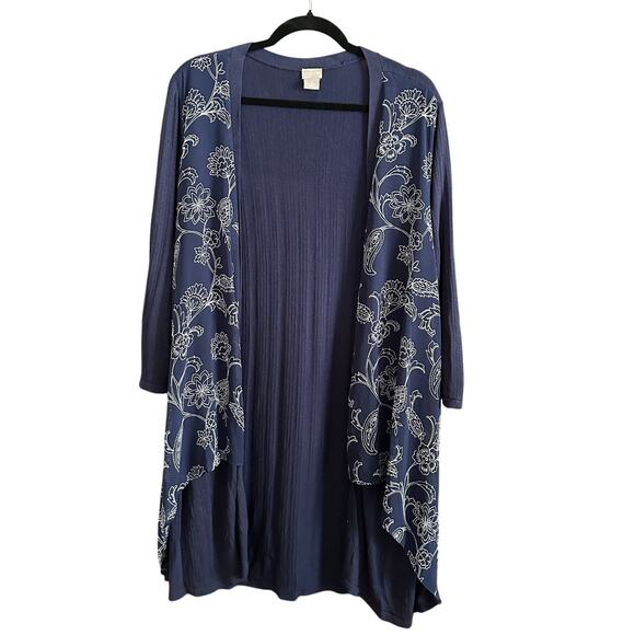 CHICOS | Navy Blue Long Line Open Front Cascade Front Cardigan Floral | Large - Picture 1 of 5